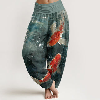 Buddha Gift Colorful Koi Fish Ocean Design Women's Elastic Waist Harem Pants