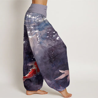 Buddha Gift Colorful Koi Fish Ocean Design Women's Elastic Waist Harem Pants