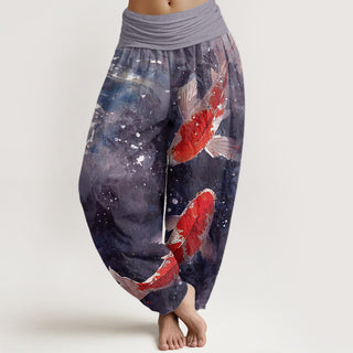 Buddha Gift Colorful Koi Fish Ocean Design Women's Elastic Waist Harem Pants