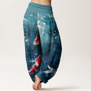 Buddha Gift Colorful Koi Fish Ocean Design Women's Elastic Waist Harem Pants