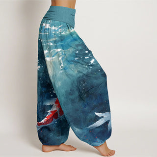 Buddha Gift Colorful Koi Fish Ocean Design Women's Elastic Waist Harem Pants