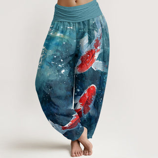 Buddha Gift Colorful Koi Fish Ocean Design Women's Elastic Waist Harem Pants