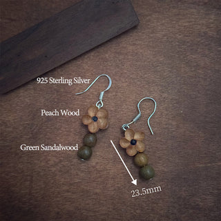 Buddha Gift 925 Sterling Silver Peach Wood Flower Green Sandalwood Luck Earrings