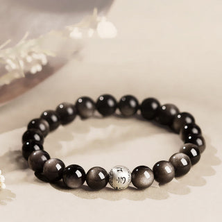 Buddha Gift Natural Silver Sheen Obsidian Om Mani Padme Hum Protection Bracelet