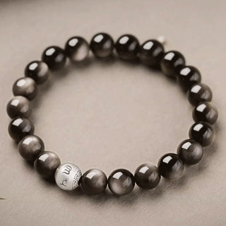 Buddha Gift Natural Silver Sheen Obsidian Om Mani Padme Hum Protection Bracelet