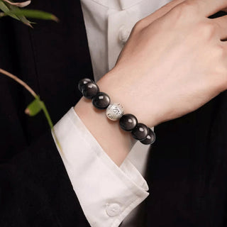 Buddha Gift Natural Silver Sheen Obsidian Om Mani Padme Hum Protection Bracelet