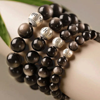 Buddha Gift Natural Silver Sheen Obsidian Om Mani Padme Hum Protection Bracelet