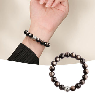 Buddha Gift Natural Silver Sheen Obsidian Om Mani Padme Hum Protection Bracelet