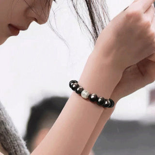 Buddha Gift Natural Silver Sheen Obsidian Om Mani Padme Hum Protection Bracelet