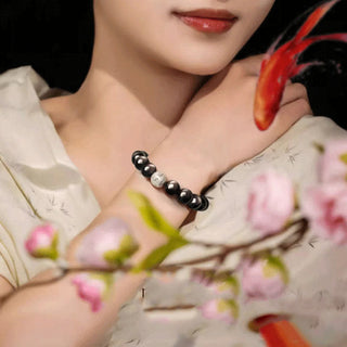 Buddha Gift Natural Silver Sheen Obsidian Om Mani Padme Hum Protection Bracelet