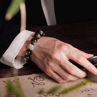 Buddha Gift Natural Silver Sheen Obsidian Om Mani Padme Hum Protection Bracelet