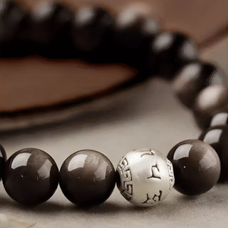 Buddha Gift Natural Silver Sheen Obsidian Om Mani Padme Hum Protection Bracelet
