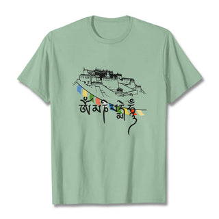 Buddha Gift Potala Palace Om Mani Padme Hum Prayer Flags Cotton Tee T-shirt