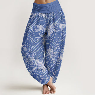 Buddha Gift Koi Fish Wave Pattern Women's Elastic Waist Harem Pants