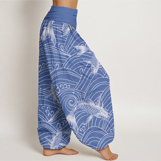 Buddha Gift Koi Fish Wave Pattern Women's Elastic Waist Harem Pants