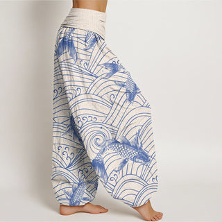Buddha Gift Koi Fish Wave Pattern Women's Elastic Waist Harem Pants