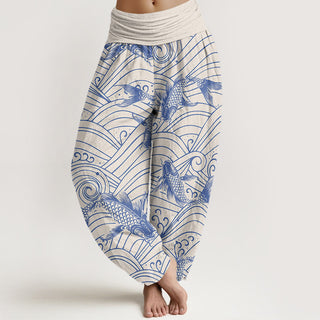 Buddha Gift Koi Fish Wave Pattern Women's Elastic Waist Harem Pants