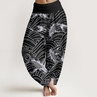 Buddha Gift Koi Fish Wave Pattern Women's Elastic Waist Harem Pants