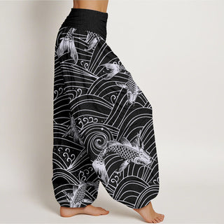 Buddha Gift Koi Fish Wave Pattern Women's Elastic Waist Harem Pants