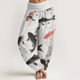 Buddha Gift Casual Koi Fish Pattern Women's Elastic Waist Harem Pants