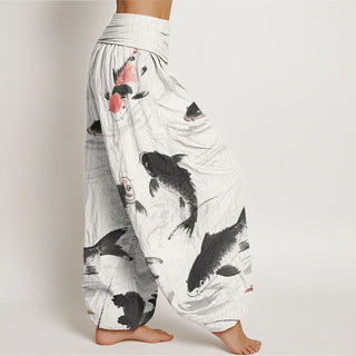 Buddha Gift Casual Koi Fish Pattern Women's Elastic Waist Harem Pants