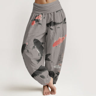 Buddha Gift Casual Koi Fish Pattern Women's Elastic Waist Harem Pants