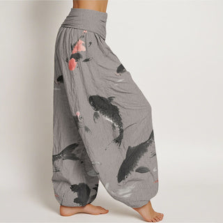Buddha Gift Casual Koi Fish Pattern Women's Elastic Waist Harem Pants