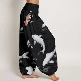 Buddha Gift Casual Koi Fish Pattern Women's Elastic Waist Harem Pants