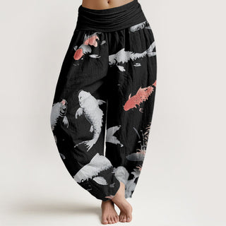 Buddha Gift Casual Koi Fish Pattern Women's Elastic Waist Harem Pants