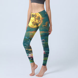 Buddha Gift Full Moon Lotus Flowers Leaves Pattern Print Gym Leggings Women's Yoga Pants