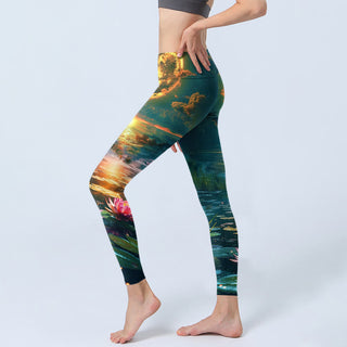 Buddha Gift Full Moon Lotus Flowers Leaves Pattern Print Gym Leggings Women's Yoga Pants