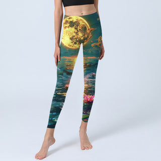 Buddha Gift Full Moon Lotus Flowers Leaves Pattern Print Gym Leggings Women's Yoga Pants