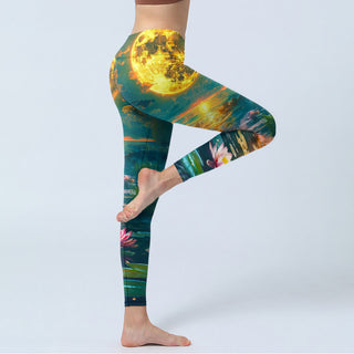 Buddha Gift Full Moon Lotus Flowers Leaves Pattern Print Gym Leggings Women's Yoga Pants