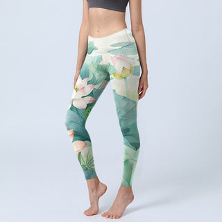 Buddha Gift Lotus Flowers Leaves Lotus Pods Pattern Print Gym Leggings Women's Yoga Pants