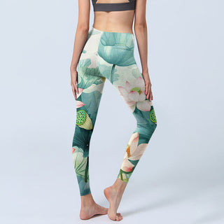 Buddha Gift Lotus Flowers Leaves Lotus Pods Pattern Print Gym Leggings Women's Yoga Pants