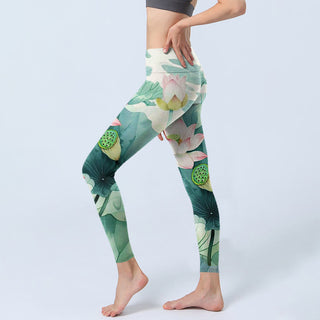 Buddha Gift Lotus Flowers Leaves Lotus Pods Pattern Print Gym Leggings Women's Yoga Pants