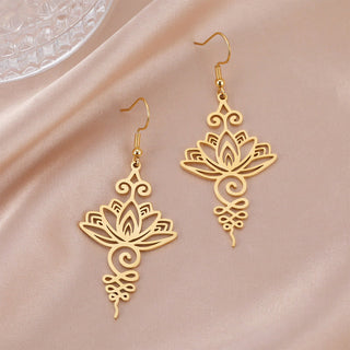 Buddha Gift Hollow Lotus Flower Stainless Steel Enlightenment Metal Drop Earrings