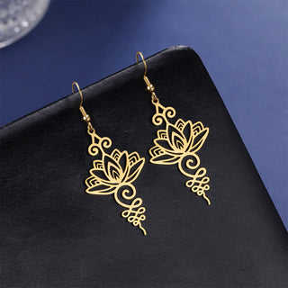 Buddha Gift Hollow Lotus Flower Stainless Steel Enlightenment Metal Drop Earrings