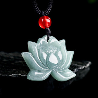 Buddha Gift Lotus Flower Pattern Carved Jade Prosperity Necklace Pendant