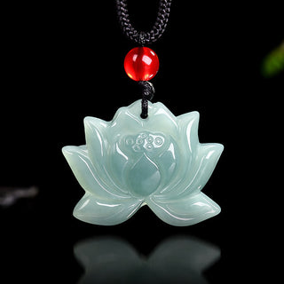 Buddha Gift Lotus Flower Pattern Carved Jade Prosperity Necklace Pendant