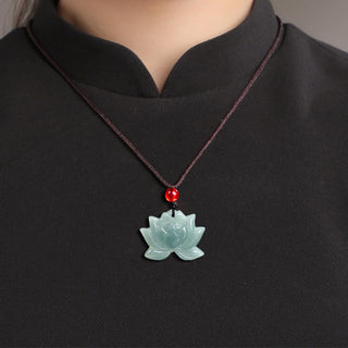 Buddha Gift Lotus Flower Pattern Carved Jade Prosperity Necklace Pendant