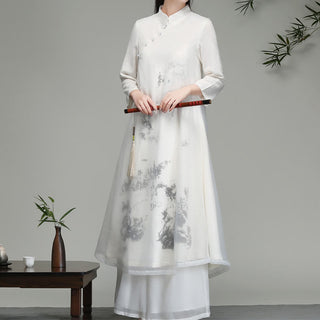 Buddha Gift  Chinese Frog-Button Design Long Sleeve Chiffon Midi Dress