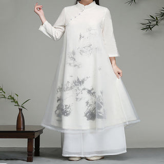 Buddha Gift  Chinese Frog-Button Design Long Sleeve Chiffon Midi Dress