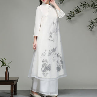 Buddha Gift  Chinese Frog-Button Design Long Sleeve Chiffon Midi Dress
