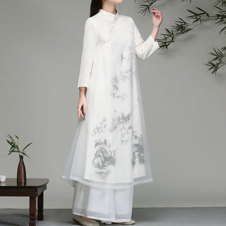 Buddha Gift  Chinese Frog-Button Design Long Sleeve Chiffon Midi Dress