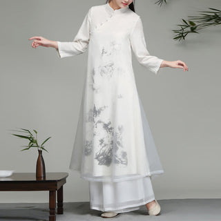 Buddha Gift  Chinese Frog-Button Design Long Sleeve Chiffon Midi Dress
