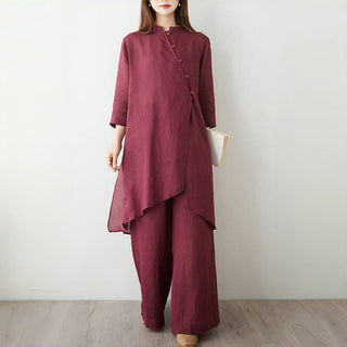 Buddha Gift 2Pcs Three Quarter Sleeve Shirt Top Pants Meditation Zen Tai Chi Cotton Linen Clothing Women's Set