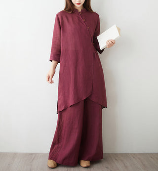 Buddha Gift 2Pcs Three Quarter Sleeve Shirt Top Pants Meditation Zen Tai Chi Cotton Linen Clothing Women's Set