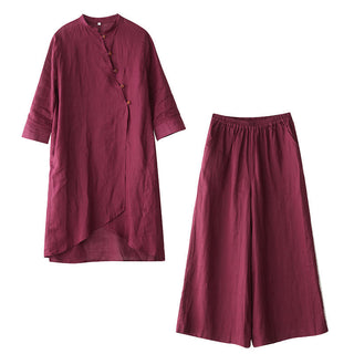 Buddha Gift 2Pcs Three Quarter Sleeve Shirt Top Pants Meditation Zen Tai Chi Cotton Linen Clothing Women's Set