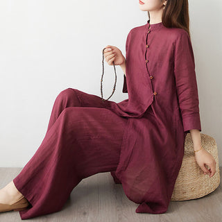 Buddha Gift 2Pcs Three Quarter Sleeve Shirt Top Pants Meditation Zen Tai Chi Cotton Linen Clothing Women's Set